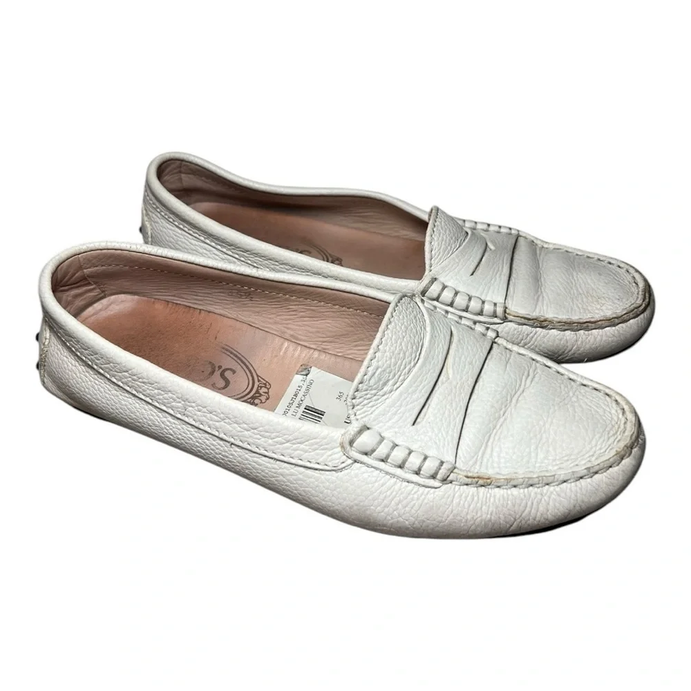 Tod's Big Girl Penny Loafer Moccasin Cream Off White Slip On Leather 35.5